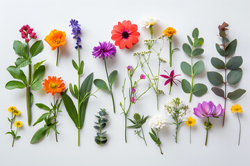 Flat lay arrangement of delicate dried flowers, creating a captivating floral background for versatile design applications.