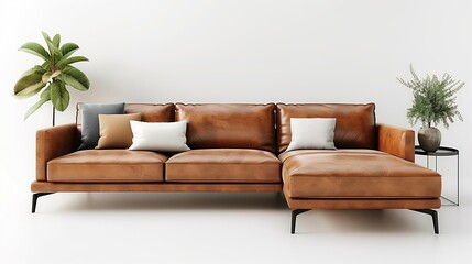 Elegant Sectional Leather Sofa with Indoor Plants