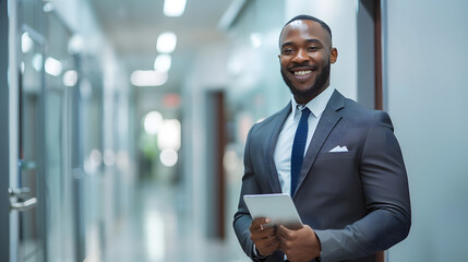 Pharmaceutical sales rep portrait in modern medical facility hallway