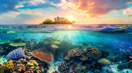Coral reef in foreground with small tropical island visible in the distance, showcasing underwater ecosystem and marine life