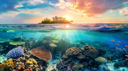 Fotobehang Coral reef in foreground with small tropical island visible in the distance, showcasing underwater ecosystem and marine life © Anoo