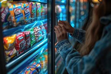 Fototapeta premium Reaching into the fridge at the grocery store professional photography