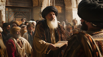 Obraz premium An elderly muslim sheikh in the past, surrounded by muslim people