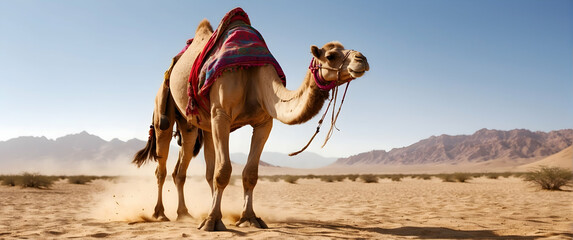 for advertisement and banner as Desert Dance A camel treks through the desert a testament to endurance and adaptation. in Pet Behavior theme ,Full depth of field, high quality ,include copy space on l