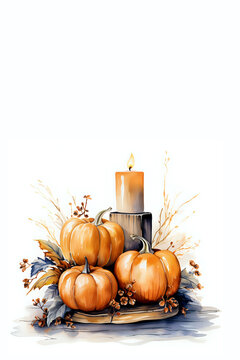 Harvest Celebration: Pumpkins and Candle Still Life.

This image captures the essence of fall with pumpkins and a lit candle, perfect for seasonal decor, Thanksgiving themes, or harvest festival promo