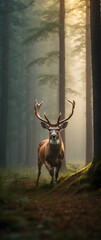 for advertisement and banner as Forest Frolic A deer prances in the forest embodying the spirit of the wild. in Pet Behavior theme ,Full depth of field, high quality ,include copy space on left, No no