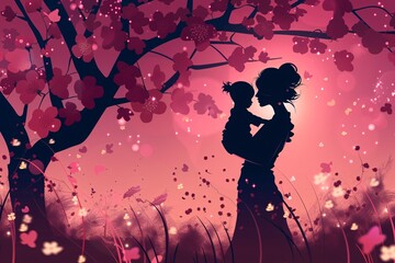 a woman holding a baby under a tree with pink flowers