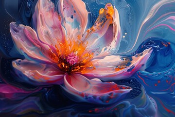 Abstract Floral Art in Vibrant Blue and Orange Tones
