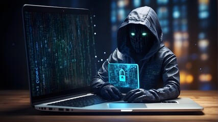 hacker stealing data from laptop - obrazy, fototapety, plakaty