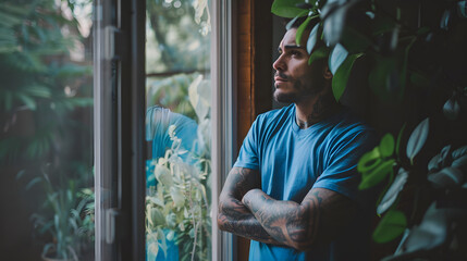 Serene portrait of man in casual blue t-shirt gazing out window