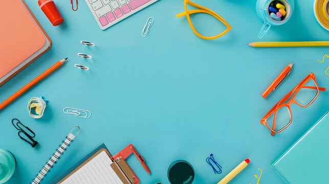 school supplies on blue background with copy space