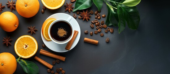 Obraz na płótnie Canvas white coffee cup on the black table with cinnamon sticks, spices and oranges. 