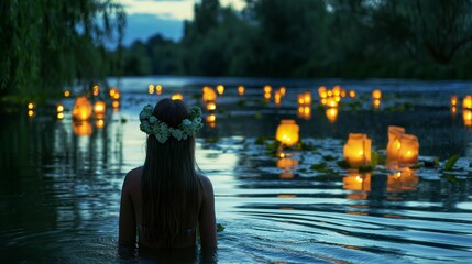 woman in a flower wreath on her head is standing in the river wit candle lanterns floating down the river. 