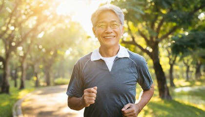Senior man proves age is just number as he jogs energetically through scenic park. Sunlight filters through trees highlighting his athletic form, epitomizing active, healthy lifestyle in older age 