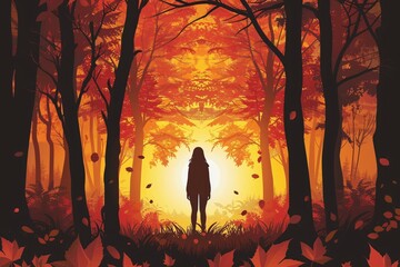 a woman standing in a forest with trees and orange and red leaves - Powered by Adobe