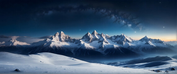 Fototapeta na wymiar Photo real as Alpine Bliss Snowy hills under a starry night a winter tale in white. in nature and landscapes theme ,for advertisement and banner ,Full depth of field, high quality ,include copy space 