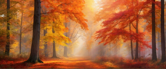 Photo real as Autumn Aura A forest ablaze with autumn colors in a watercolor masterpiece. in nature and landscapes theme ,for advertisement and banner ,Full depth of field, high quality ,include copy  - obrazy, fototapety, plakaty