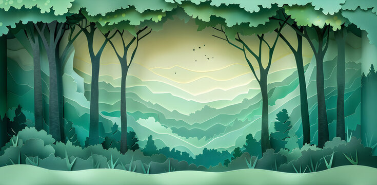 A green layered diorama papercut forest depicting a peaceful and serene landscape, perfect for art and craft decoration.