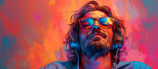 Illustration of a man listening to music on headphones in pop art style - obrazy, fototapety, plakaty