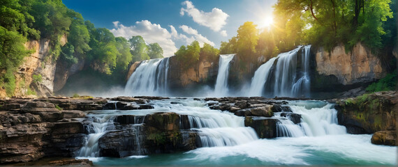 Photo real as Cascading Elegance A breathtaking waterfall panorama showcasing nature grandeur. in...
