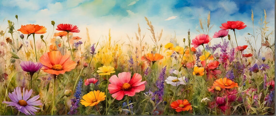 Fototapeta na wymiar Photo real as Floral Fields A field of wildflowers captured in vibrant watercolor. in nature and landscapes theme ,for advertisement and banner ,Full depth of field, high quality ,include copy space o