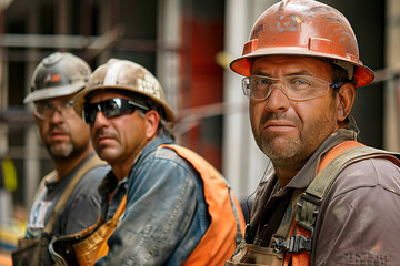 Builders labor on bustling construction site, embodying industriousness, teamwork, and progress in urban development