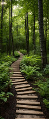 Photo real as Forest Pathway A forest trail winds through the heart of nature playground. in nature and landscapes theme ,for advertisement and banner ,Full depth of field, high quality ,include copy 