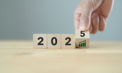 2025 business growth, acceleration concept. New year business goals, plan, strategy. Flipping...