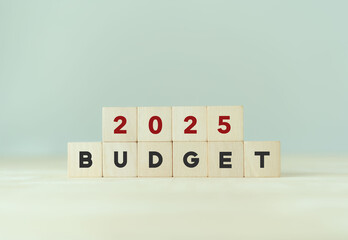 2025 Budget planning and allocation concept. Wooden cube with "BUDGET 2025" on smart grey  background, copy space. Use for banner and presentation. New year business project management concept.