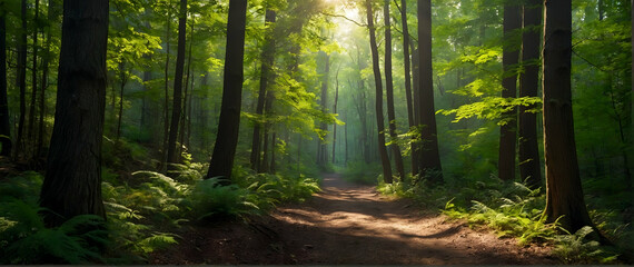 Fototapeta na wymiar Photo real as Forest Whispers A secluded forest trail dappled with sunlight. in nature and landscapes theme ,for advertisement and banner ,Full depth of field, high quality ,include copy space on left