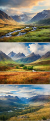 Naklejka na ściany i meble Photo real as Highland Harmony A harmonious blend of watercolor highland terrains. in nature and landscapes theme ,for advertisement and banner ,Full depth of field, high quality ,include copy space o