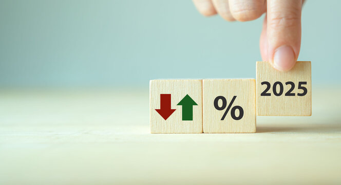 2025 Business performance concept. Economic and financial analysis, rising and falling trend. Interest rate, stocks, financial, ranking, mortgage and loan rates. Percent, up or down arrow symbol icon.