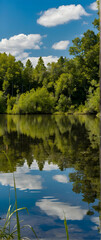 Photo real as Lake Reflections A tranquil lake mirroring the surrounding foliage. in nature and landscapes theme ,for advertisement and banner ,Full depth of field, high quality ,include copy space on