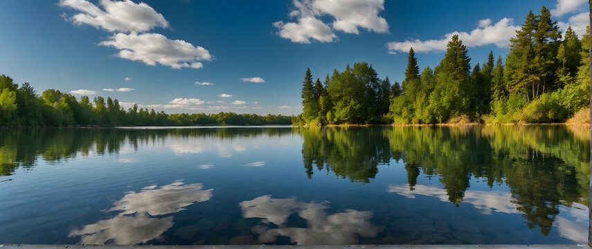 Photo real as Lake Reflections A tranquil lake mirroring the surrounding foliage. in nature and landscapes theme ,for advertisement and banner ,Full depth of field, high quality ,include copy space on