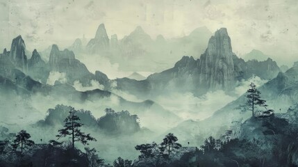 A few figures, low color saturation, rice paper texture, landscape figurines, and a mountain backdrop are all present in this ancient Chinese ink painting. - obrazy, fototapety, plakaty