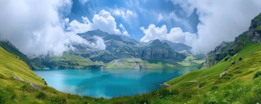 a natural scene with the lake, green sides of mountains and blue water