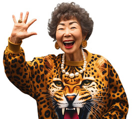 Osaka’s auntie wearing a leopard print sweatshirt isolated on a transparent background.