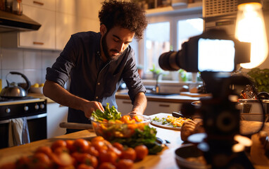 Fototapeta premium Food Influencer while recording a video recipe