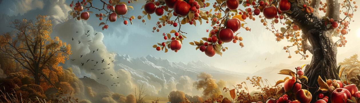 A contemporary art piece depicting the temptation of forbidden fruit in a surreal landscape.