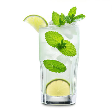 Refreshing mint limeade in a highball glass mint sprigs nestled amongst lime slices Summer freshness