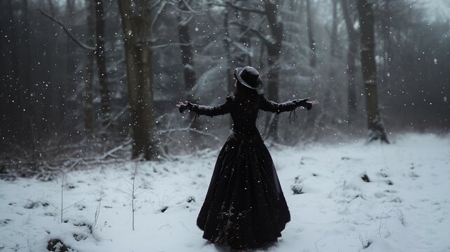 woman in a long black coat and  hat is standing in the middle of a winter forest covered in snow. 