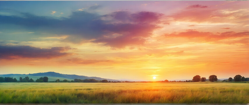 Photo real as Summer Solace A watercolor sunset over a serene summer meadow. in nature and landscapes theme ,for advertisement and banner ,Full depth of field, high quality ,include copy space on left