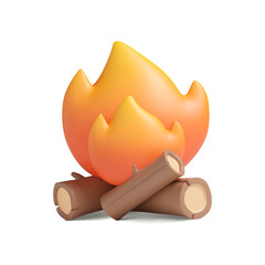 3d campfire in plastic style. Isolated vector fire with wooden logs. Cartoon element, flame illustration.