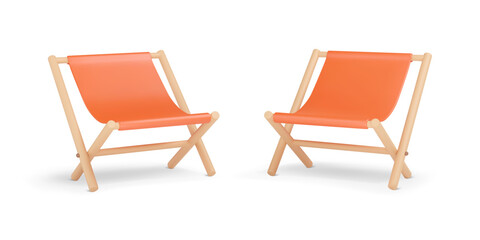 Fototapeta premium 3D Folding chairs. Wooden lounge seat with fabric. Cartoon camping elements, outdoor furniture. Vector illustration. Leisure object in plastic style.