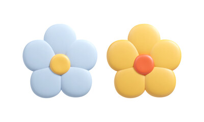 3d cartoon flowers buds in yellow and blue colors. Plastic floral element, plasticine summer and spring nature object. Vector isolated illustration.