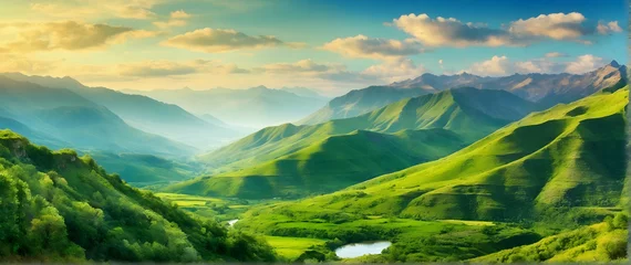 Fotobehang Photo real as Verdant Valley A lush valley brimming with life in vibrant watercolors. in nature and landscapes theme ,for advertisement and banner ,Full depth of field, high quality ,include copy spac © Gohgah