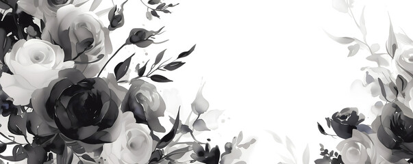 Black roses watercolor horizontal funeral invitation template with empty copy space for text. Condolences card