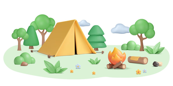 3d summer illustration with tent in forest, bonfire, log with blanket. Trees, bush, leaves, stones and flowers buds on abstract meadow. Cartoon vector elements. Clouds in sky. Relax weekend concept.