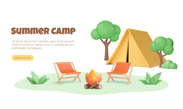Summer camp banner with 3d bonfire, folding chairs, tent, trees and leaves on abstract lawn. Vector cartoon illustration. Holiday outdoor recreation concept. Weekend on nature.
