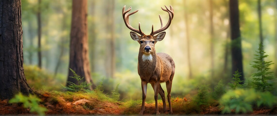 Photo real as Woodland Wonder An enchanting forest filled with watercolor wildlife. in nature and landscapes theme ,for advertisement and banner ,Full depth of field, high quality ,include copy space 